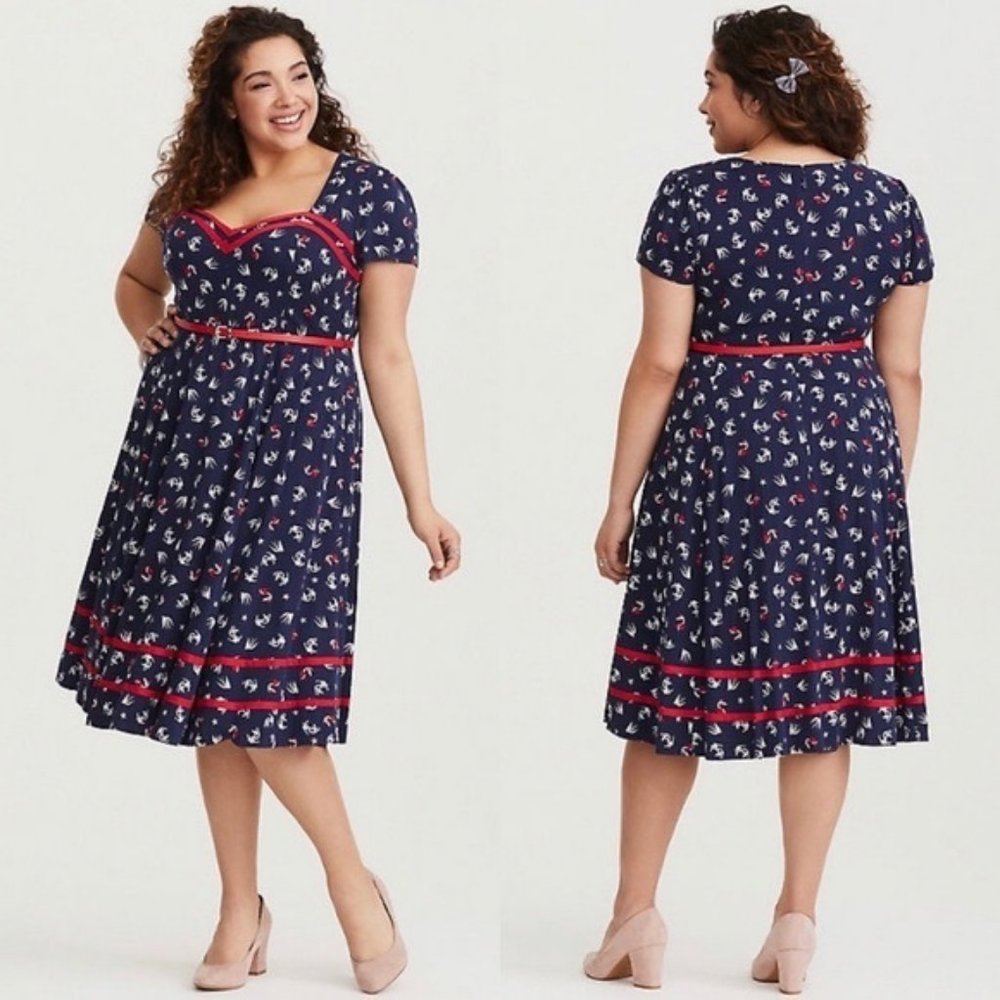 Torrid sailor themed dress— navy w/ white & red anchors & birds— red trim— Sz 14